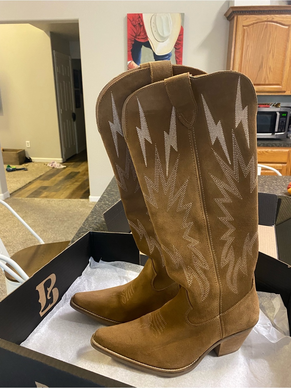 dingo Tan Suede Cowboy Boots with Silver Stitching